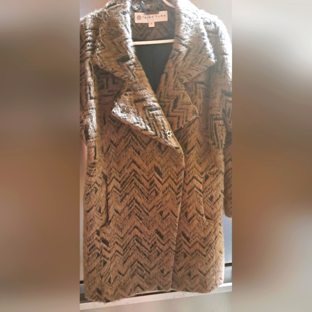 Trina Turk Double Breasted Alpaca Wool Blend Pockets Lined Coat Mushroom Black 8